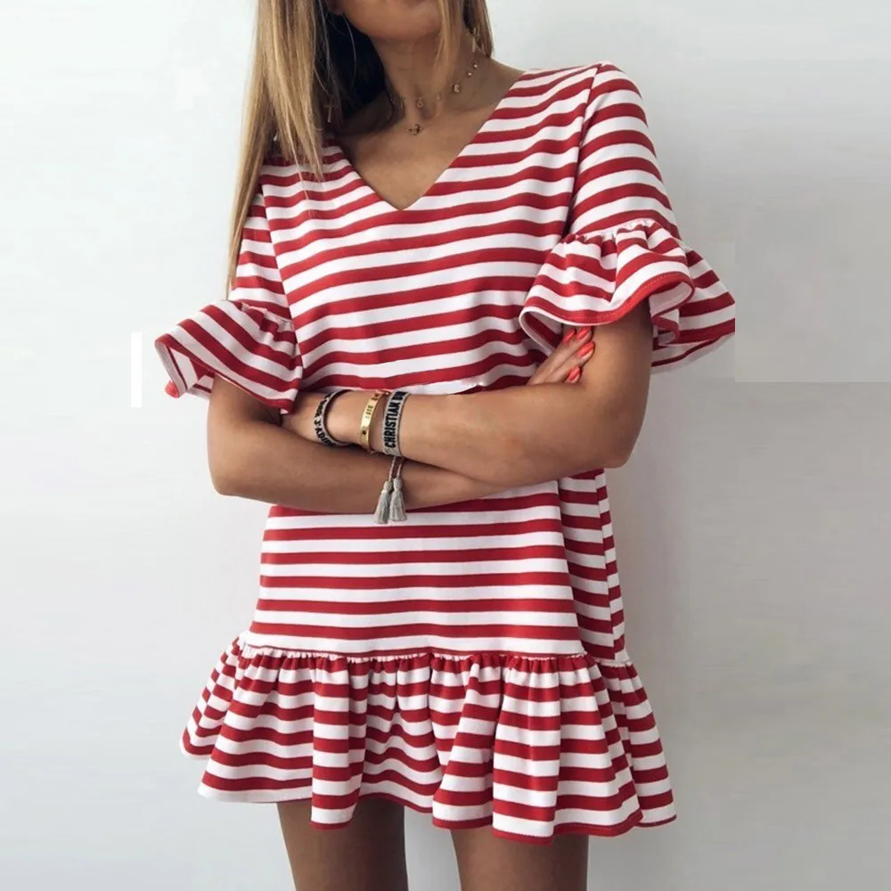 

Summer Dress Womens Butterfly Sleeve V-Neck Stripe Elegant Dress Print Ruffles Short Mini Beach Dress vestidos