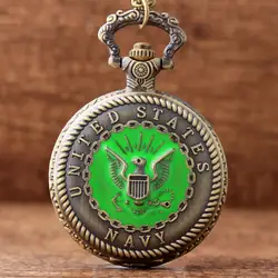 Винтаж ВМС США Стиль Бронзовый карманные часы для Для мужчин Для женщин зеленый стимпанк USN карманные часы с Цепочки и ожерелья цепь кулон