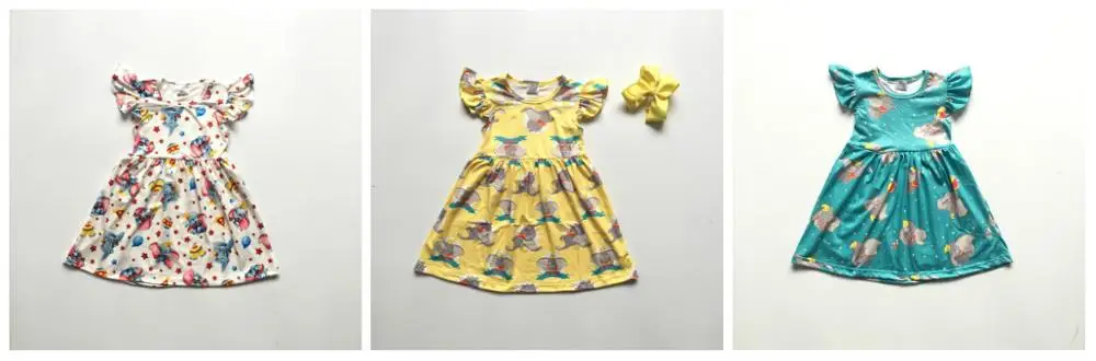 

3-colors Summer baby girls dress short sleeve print milk silk animal yellow elephant clothing boutique match accessories bow