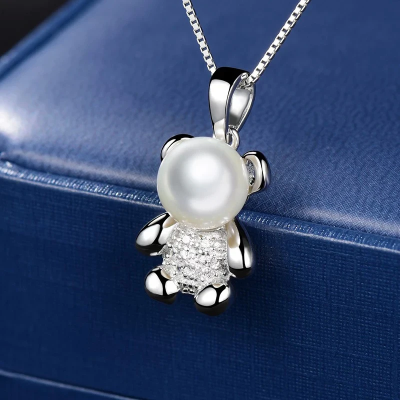 925 Sterling Silver Pendant Natural Freshwater Pearl Necklace for Girls Women Lovely Bear Design