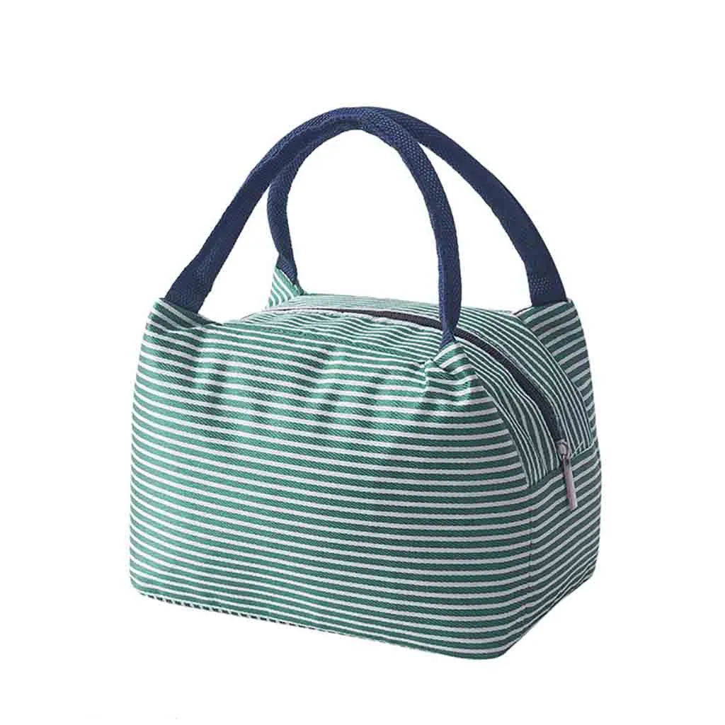 Портативный Ланч-мешок Термоизолированный мешок для хранения еды Новые Модные Полосатые дорожные рабочие сумки Bento Box студенческие пищевые сумки - Цвет: Зеленый
