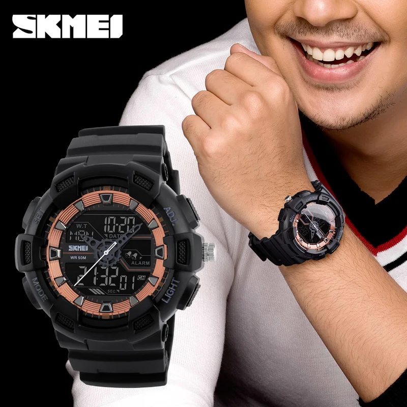  SKMEI Men Dual Display Quartz Wistwatches Big Dial Multifunction Waterproof Military Sport Watches 