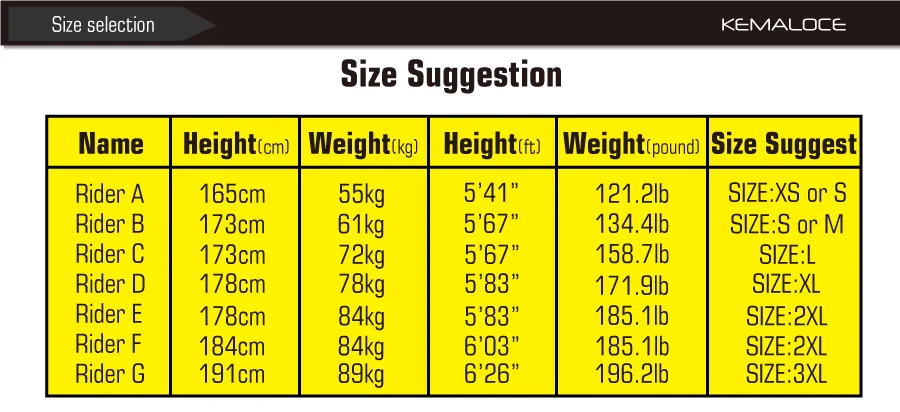 size suggestion of cycling wear