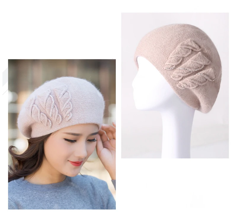 Angora Beanie Women Winter Hat Warm Knit Cap Beret Headwear Double Layer Casual Soft Classic Thermal Snow Outdoor Accessory (13)