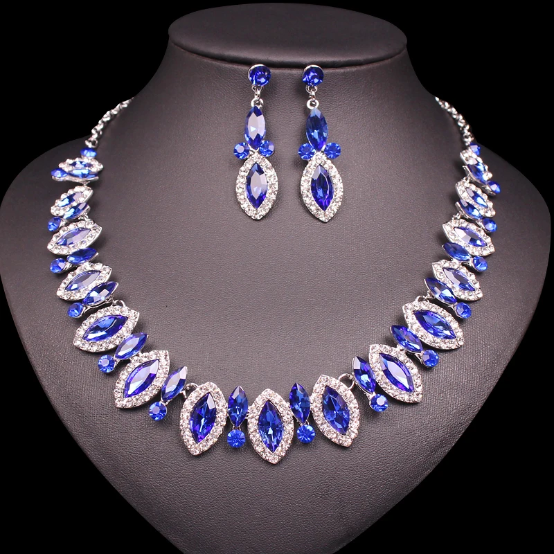 

Elegant Blue Austrian Crystal Chain Necklace Jewelry Sets Cute Necklace Earrings Sets Gifts for Women Girls Party Wedding Prom