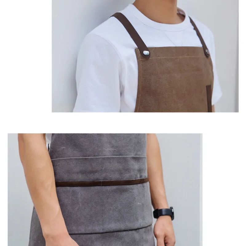 Gray Coffee Washed Canvas Apron Cotton Leather Straps E11-5