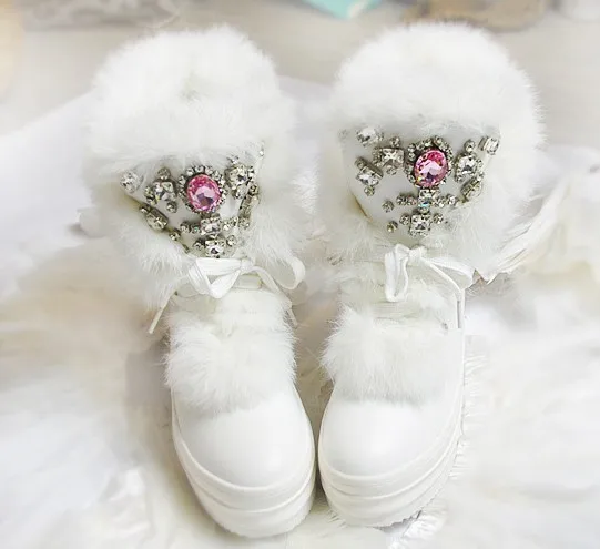 

Real Rabbit Fur Winter Boots Rhinestones Diamond Fashion Snow Boots Thick Warm High-Top Women Shoes Large Size 41 Winter Boots