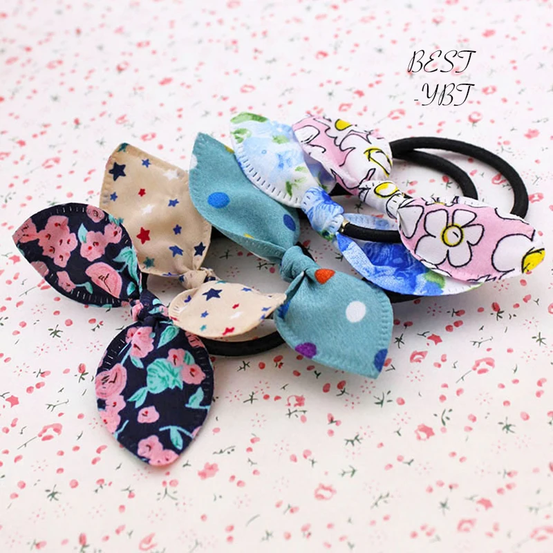 

free shipping 10pcs Rabbit Ears Polka Dot Elastic Hair Bands Rubber Accessories Headband Fast Bun Gum for Cheap Bowknot Hair