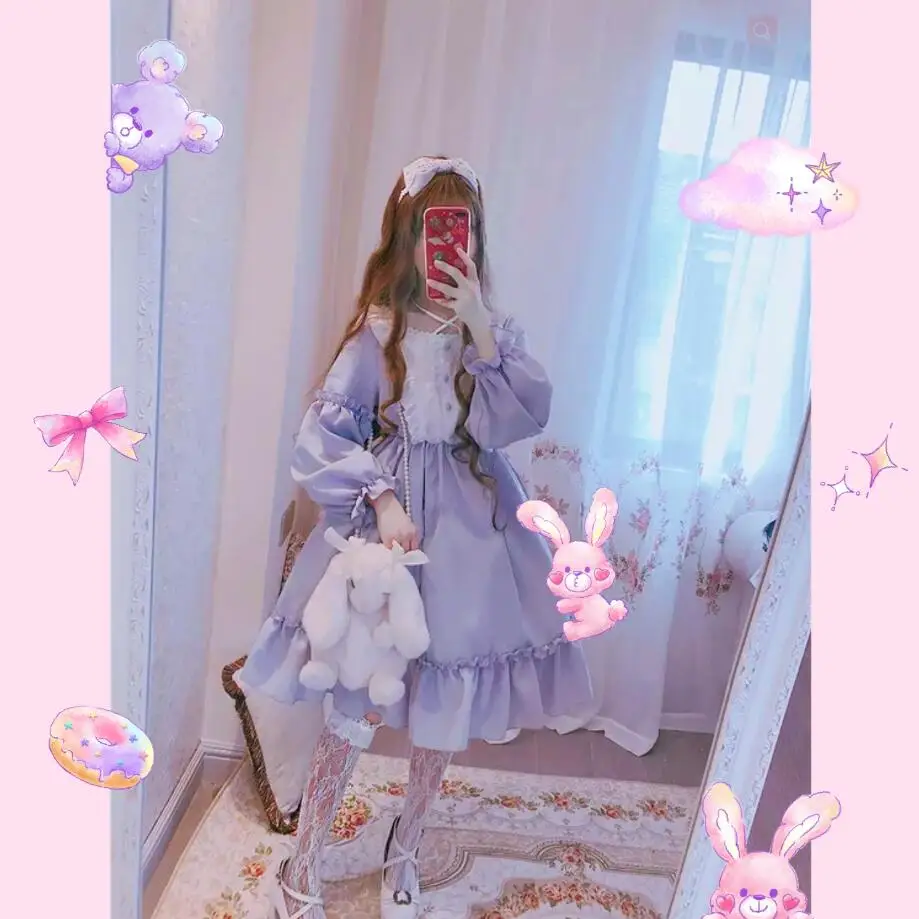 

Alice In Wondeland Cute Women's Lolita OP Dress Flouncing Lace Trim One Piece Colors Black/Blue Long Sleeves Doll Dress Fairy