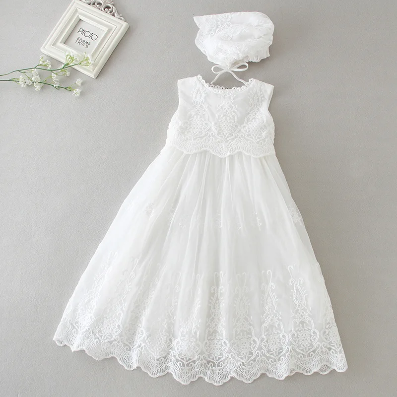 Длинное белое платье на крестины с длинными рукавами и шляпой; кружевные вечерние платья для маленьких девочек на свадьбу; Anniversaire Fille