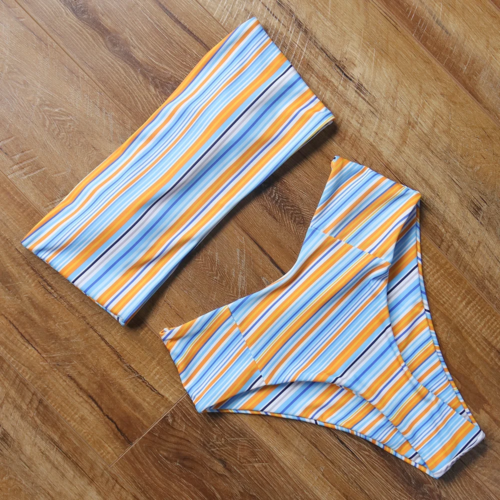 

Sexy Striped High Waist Bikini Strapless Swimsuit Women Push Up Swimwear Off Shoulder Bikini Set 2018 Beach Swim Bathing Suit