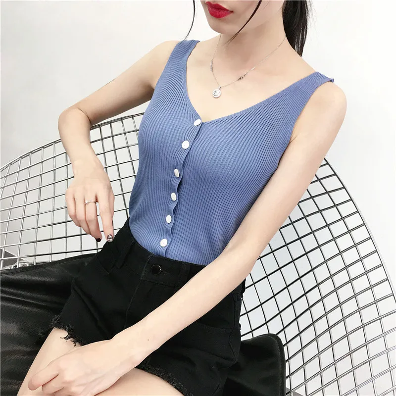 

Korean Type Fashion Button Sleeveless Retro Wind Casual Knitted Camis Tank Tops Vests