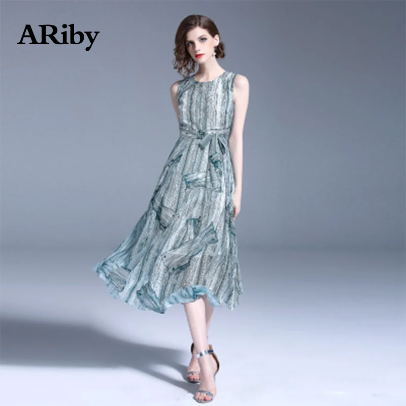 Women Dress ARiby 2019 Summer New Fashion Office Lady Chiffon Elegant Slim Dress Sleeveless Printed Mid-Calf Sashes A-Line Dress