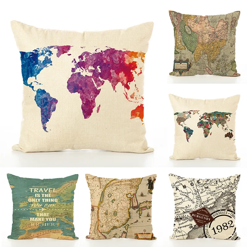 

9color Mediterranean nautical cushion cover 45x45cm world map decorative pillow case Linen cotton decorativos for sofa car home