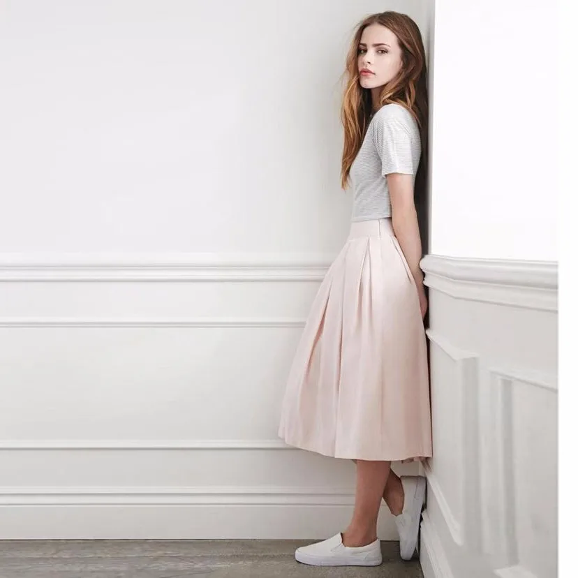 

Custom Made Blush Pink Women Skirt High Quality Zipper Waist Mid Calf Pleated Lolita Skirt A Line Saia Faldas Jupe Any Color