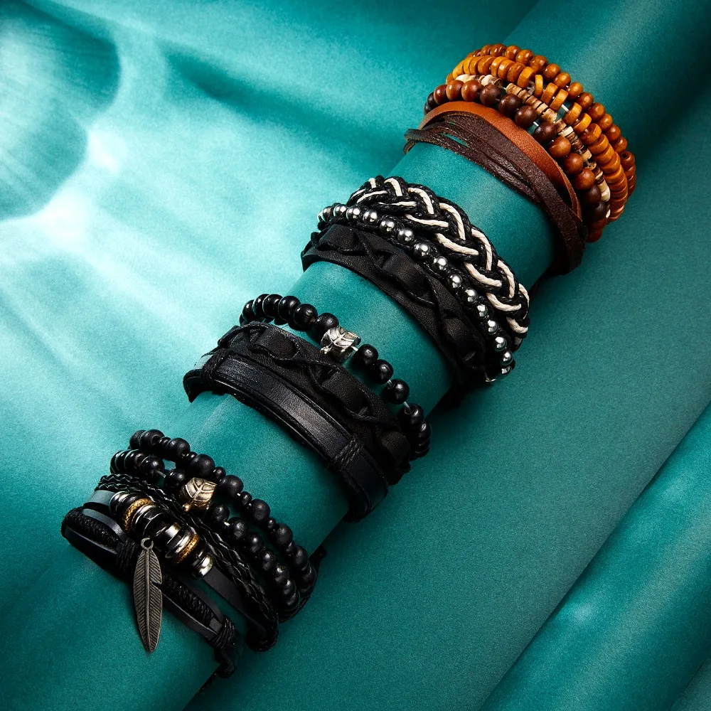3 шт. кожанные панк браслеты мужские ювелирные изделия винтажные классические деревянные бусины браслет браслеты мужские регулируемые ювелирные изделия подарок