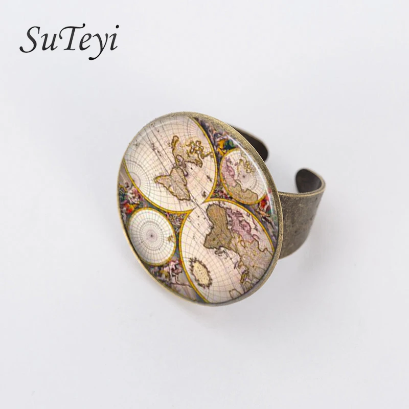 

SUTEYI Wholesale Glass Dome Vintage globe Ring vintage world jewelry world map jewelry keepsake map fathers day gifts