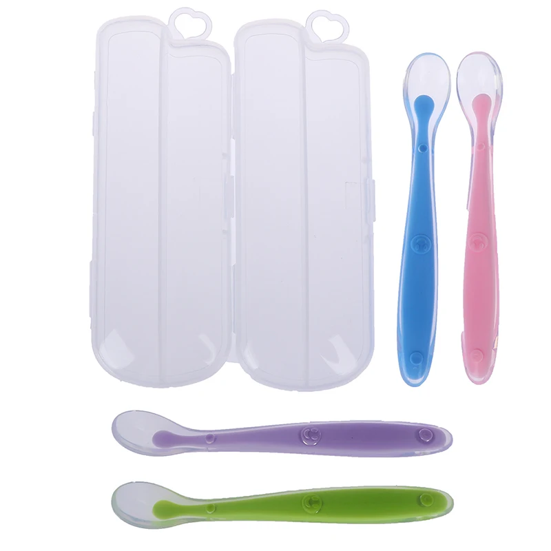 2PCS Baby Girls And Boys Silicone Non-sticky Feeding Spoon Mummy Safe Soft Feeding Baby Eating Soft Patchwork Spoon Solid Color