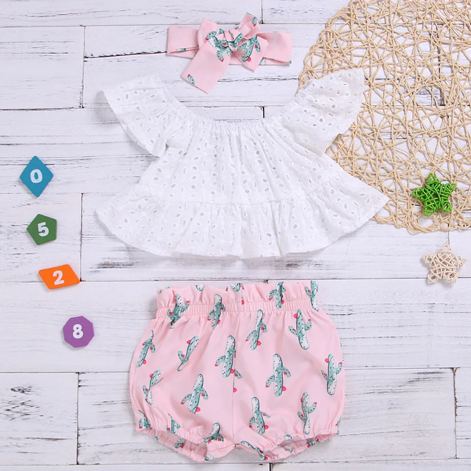 

Infant Baby girls 2019 summer clothes Off Shoulder Solid Lace Tops+Cactus Shorts+Headband baby girl clothes Outfits kid clothes