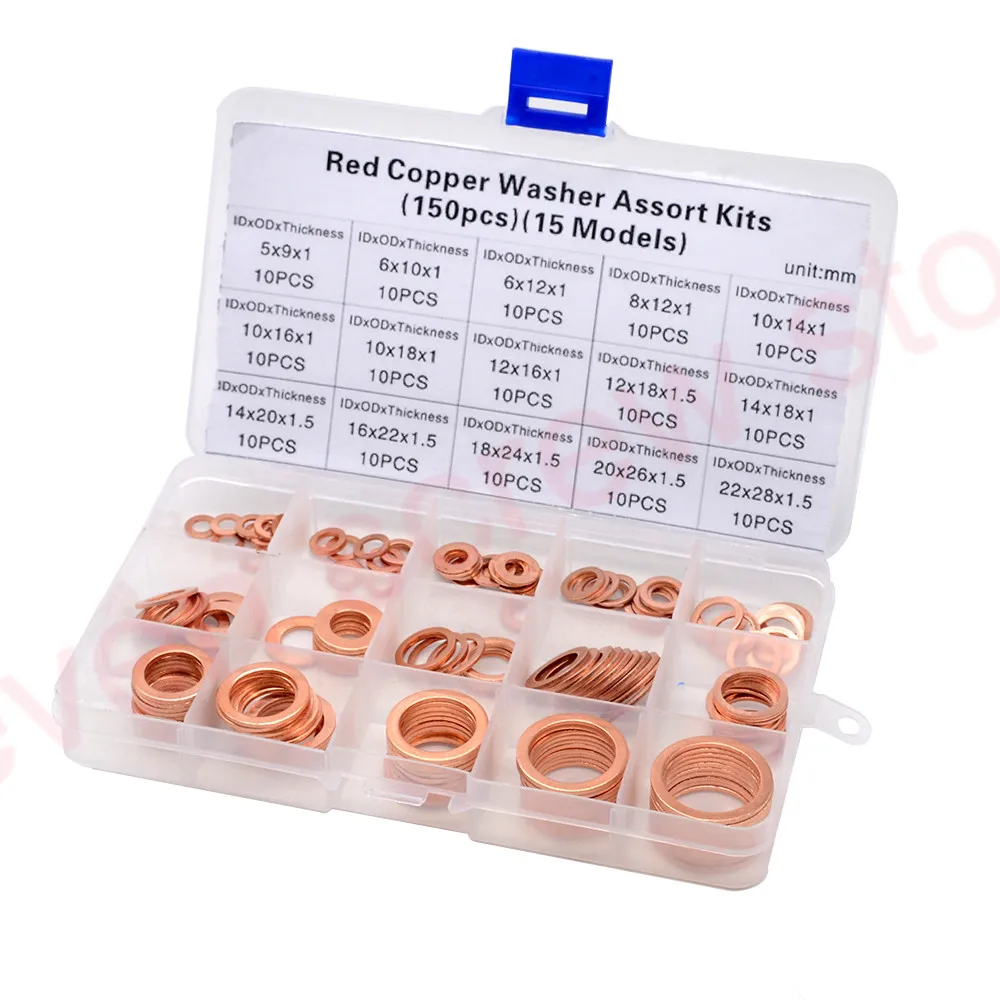 

150PCS Copper Washer Gasket Nut and Bolt Set Flat Ring Seal Assortment Kit M5 M6 M8 M10 M12 M14 M16 M18 for Sump Plugs Water