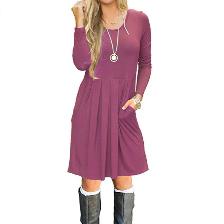 

autumn and winter women dress 2018 new European and American pleated round neck long sleeved dress 6758