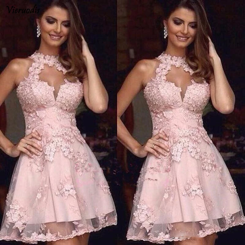 Elegant Cocktail Dresses Pink Jewel Lace Appliques Short Homecoming Dress Backless Prom Party Dresses Plus Size 2019