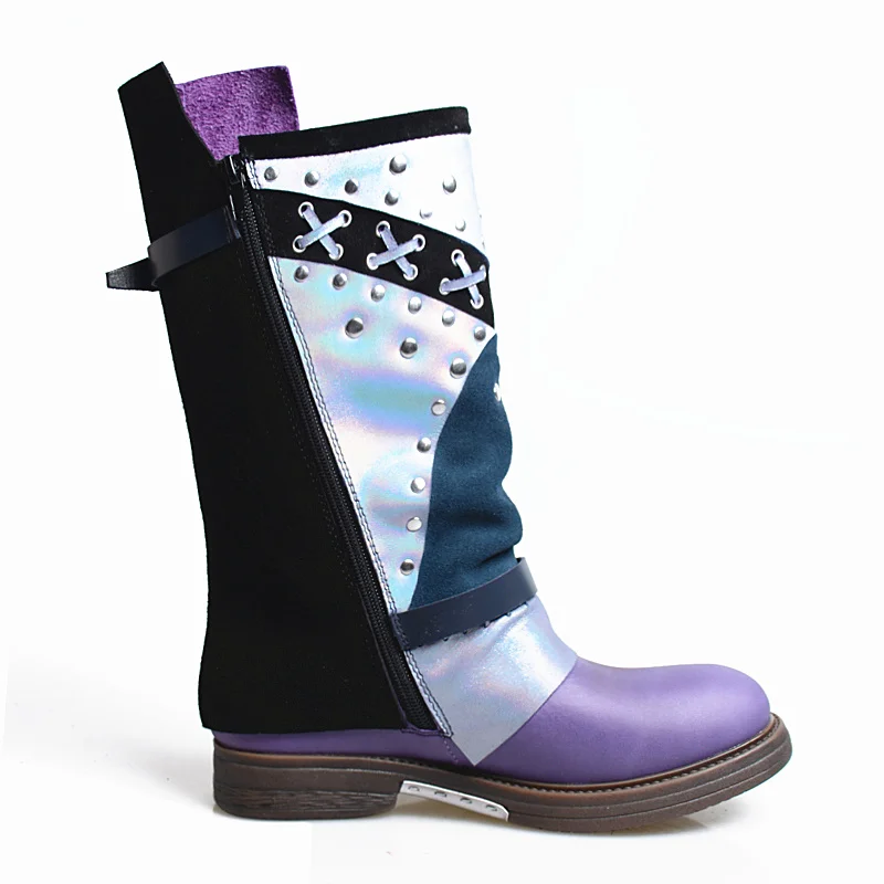 Mujeres Pantorrilla Moda Damas Botas Cuero Para Perfetto Prova Media Grueso Motocicleta Falt Fondo Marca Real Suave Diseñador Purple De Cwx8xISqt