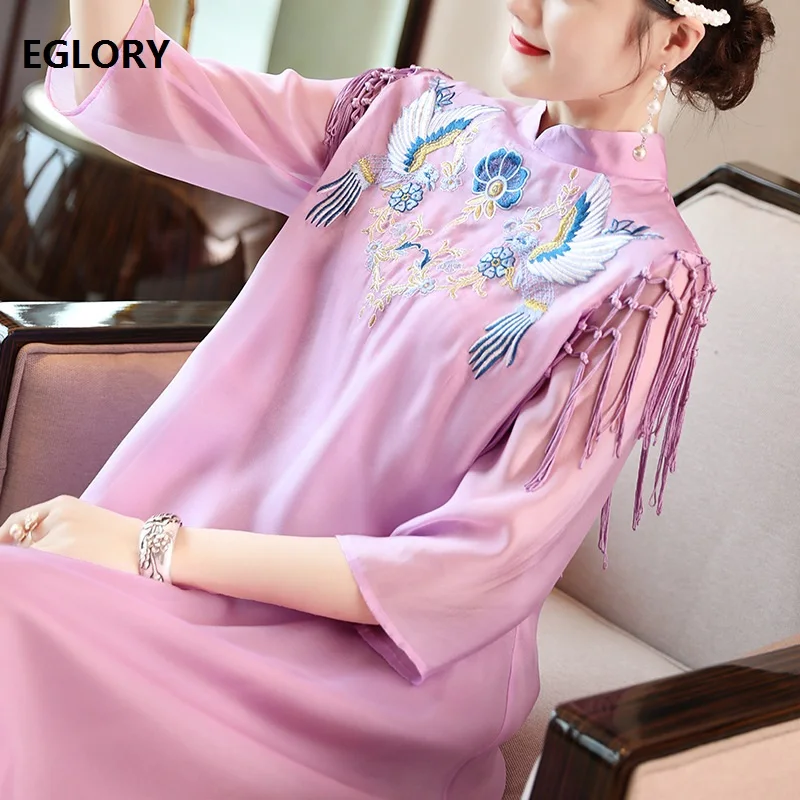 

High Quality Brand Chinese Dress 2019 Spring Vestido Women Vintage Embroidery Tassel Shoulder Mid-Calf Loose Dress Yellow Purple