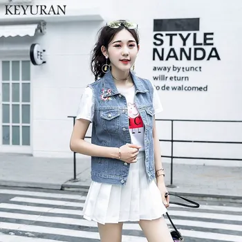 

High Qualtiy Boyfriend Punk style Women Embroidery Denim Vests coat New 2019 Autumn Sleeveless waistcoat Fashion Jeans Vest Tops