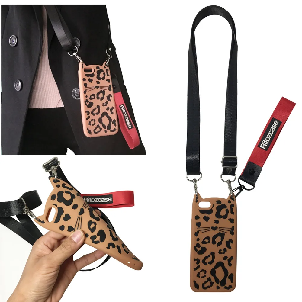 

case for iphone XS MAX XR X 6 6S 7 8 plus 5 se 5s case cover 3d leopard beard cat shoulder strap soft silicone phone bag capa