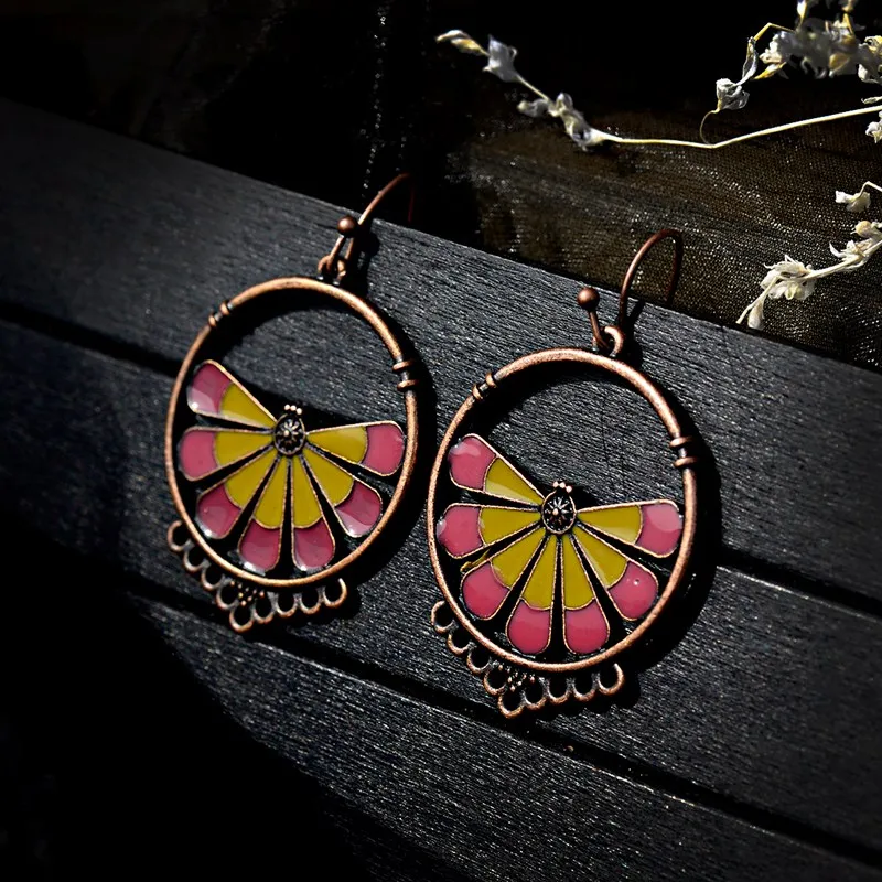 

2019 Vintage Flower Earrings For Women Ethnic Jewelry Brinco Summer Round Dripping Oil Tibetan Earrings Jhumka Dangle Earrings