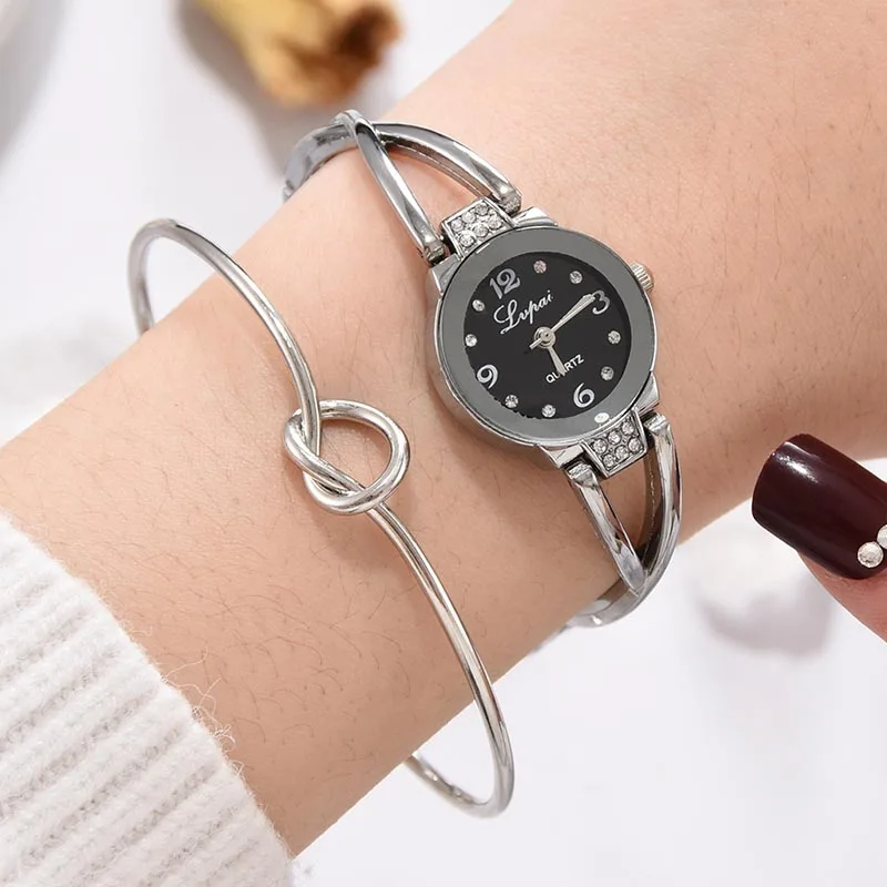 

Women Quartz Watch Bracelet Set with Hollow Alloy Band Knot Open Cuff Bracelet @M23