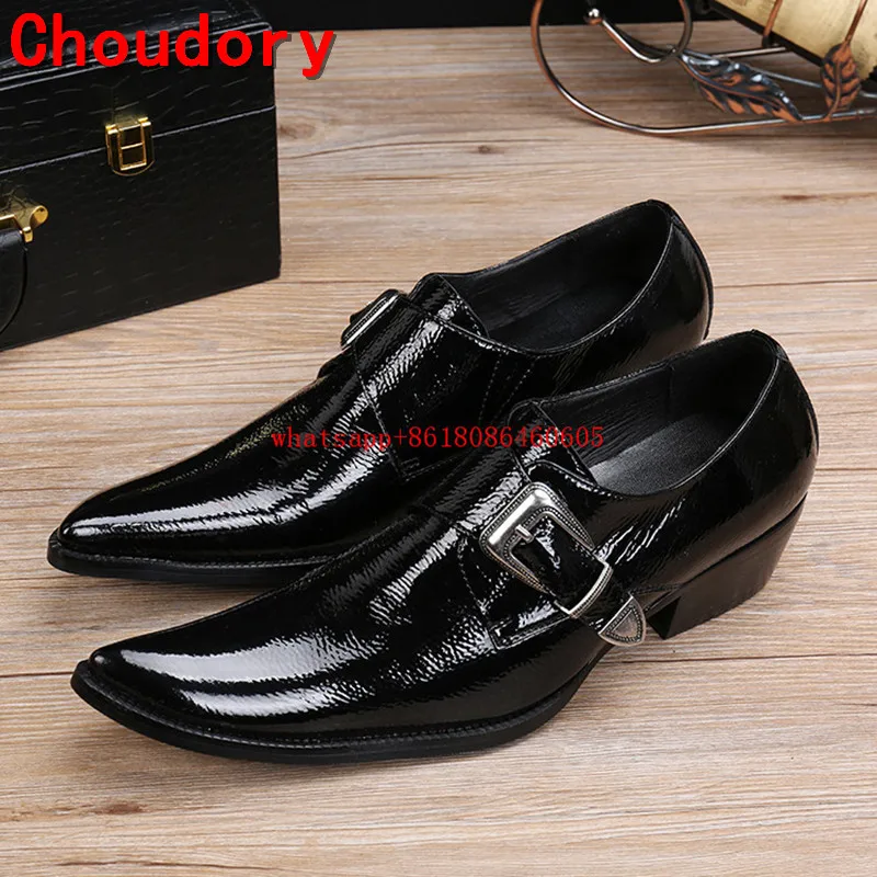 

Choudory Plus size mens patent leather black shoes high heels square toe slip on loafers buckle strap oxfors prom shoes men