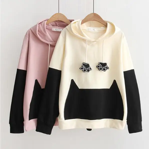 

Bow Back Two Tone Cat Ear Cute Hoodie 2017 Female Color Block Embroidery Top Autumn Long Sleeve Sweatshirt