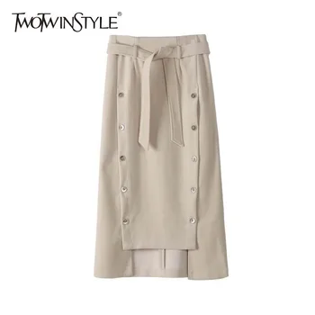 

TWOTWINSTYLE Elegant Wool Women's Skirt High Waist Lace Up Black Midi Skirt Female Korean Fashion 2020 Autumn Clothing New