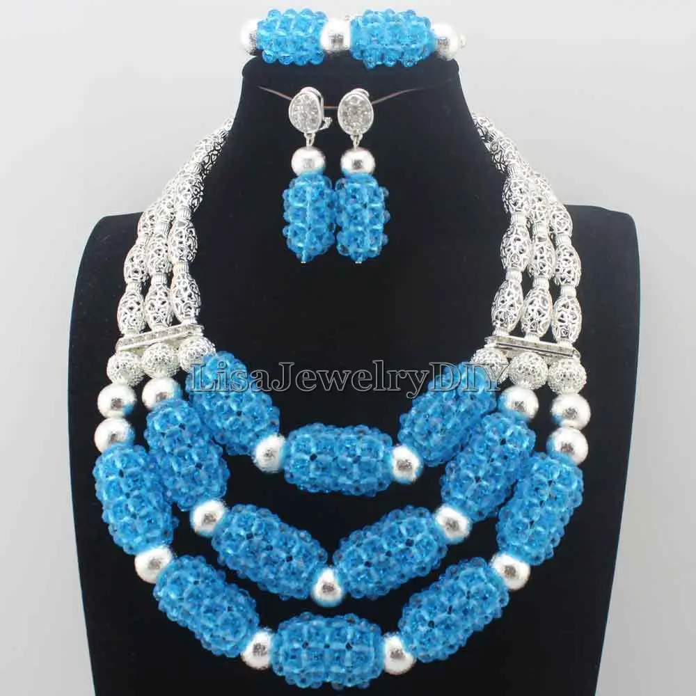

Luxury Blue Nigerian Beads Fashion Jewelry Set Wedding Anniversary Bride Gift Necklace Earrings Set Free Ship HD8657