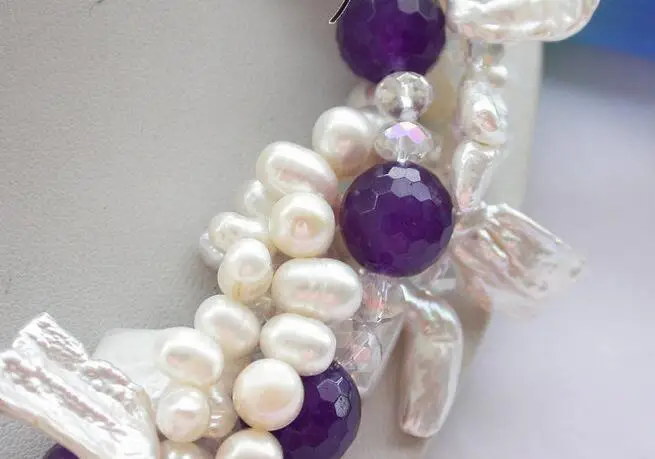 

FREE SHIPPING>@@> 3464 4row purple rice biwa pearl purple jade faceted crystal NECKLACE