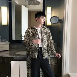 2019 Новая мужская летняя Корейская версия красивая леопардовая рубашка мужская индивидуальность короткий перед длинным Нерегулярные