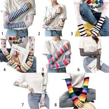 

Women Girls Summer Ice Silk Arm Sleeves Cover Rainbow Colored Striped Harajuku Sun Protection Cooling Cycling Driving Gloves