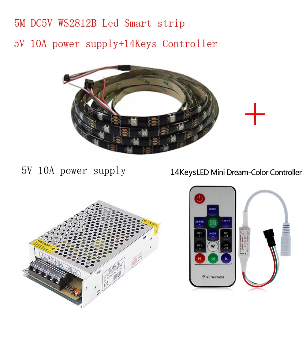

5m DC5V WS2812B Led Strip 30 pixels/leds/m WS2812 IC Smart 5050 RGB led Strip light+5V LED Power Supply + LED Controller