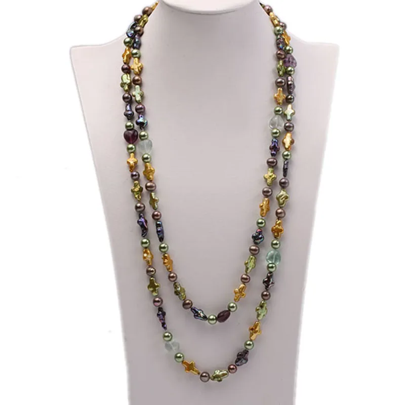 JYX 10-15mm Multicolor Cross Freshwater Pearl with Crystal Opera Necklace