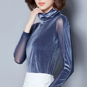 

RUGOD Elegant Office Lady Blouse 2018 Sexy Perspective Mesh Patchwork Long Sleeve Pullover Turtleneck Sweater For Women