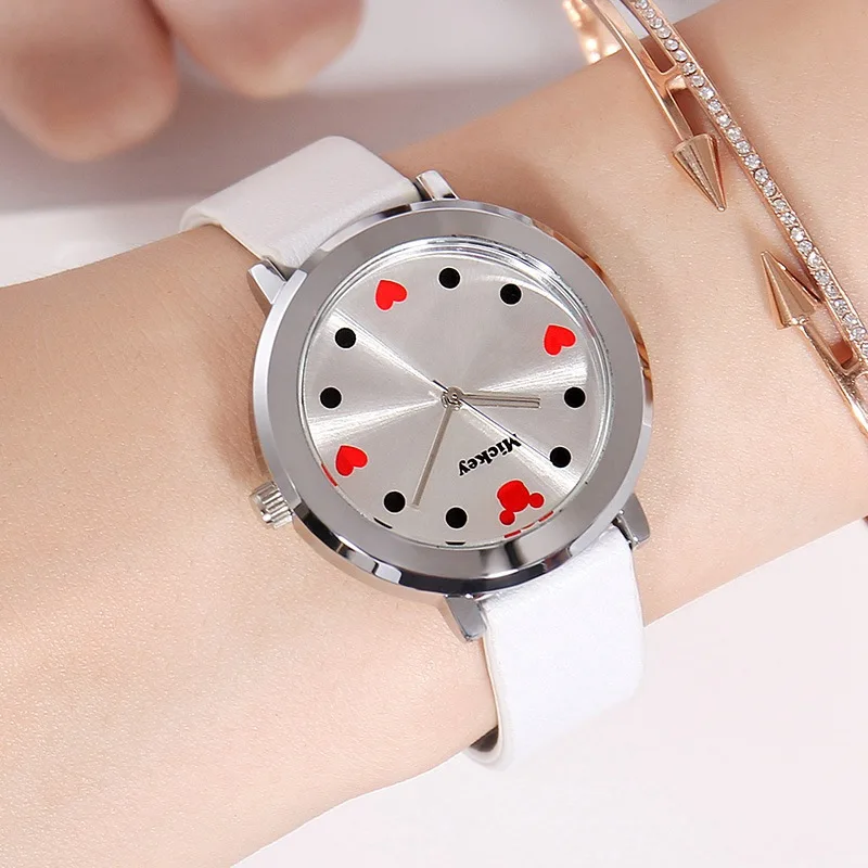 Девушка Микки кожа кварцевые пряжка безопасности часы женские модные простые круглые натуральной марки Дисней Красный Черный Белый часы для детской - Цвет: Белый
