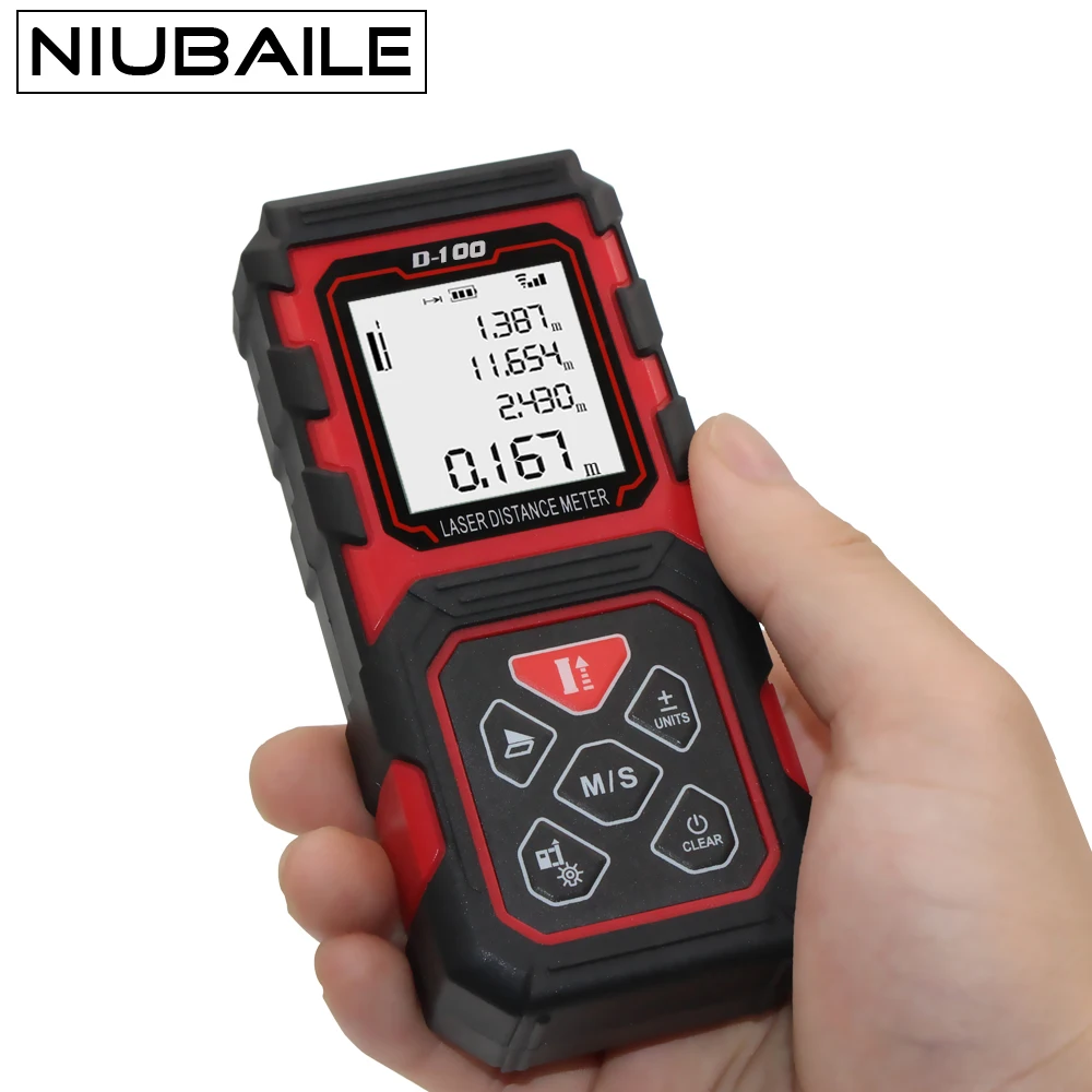 

NIUBAILE Trena Digital 100M Handheld Distance Meter Build Measure Device Test Tool Area-volume-Angle Laser Mesuring Tape D100-R