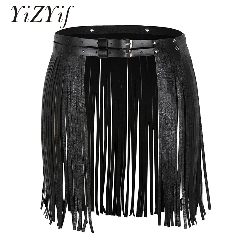 

YiZYiF Sexy Fringe Tassel Skirt Harness Women BDSN Adjustable Faux Leather Mini Dress Tassel Belt Halloween Skirt Gypsy Costume