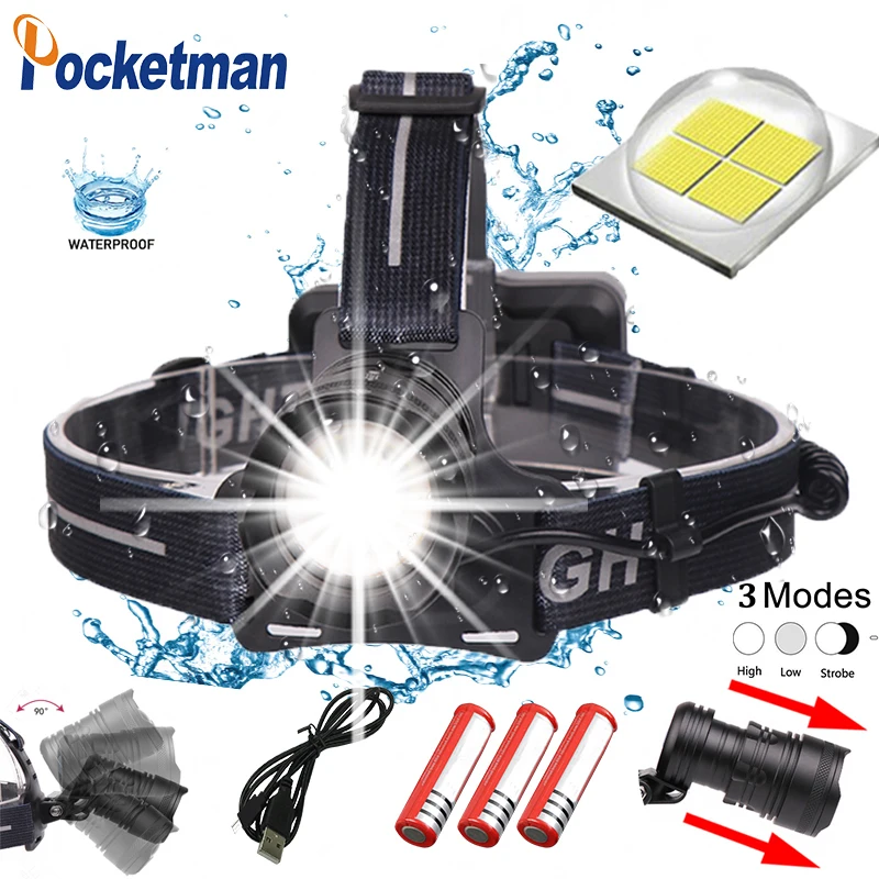 

100W 2019 50000lm Led Headlight XHP70 Waterproof Zoomable with Micro USB Charging 3 Modes for 3*18650 z45