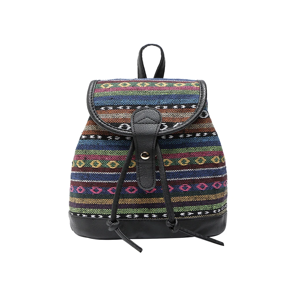 Ethnic Striped Women Backpacks PU Leather Vintage Ladies Female
