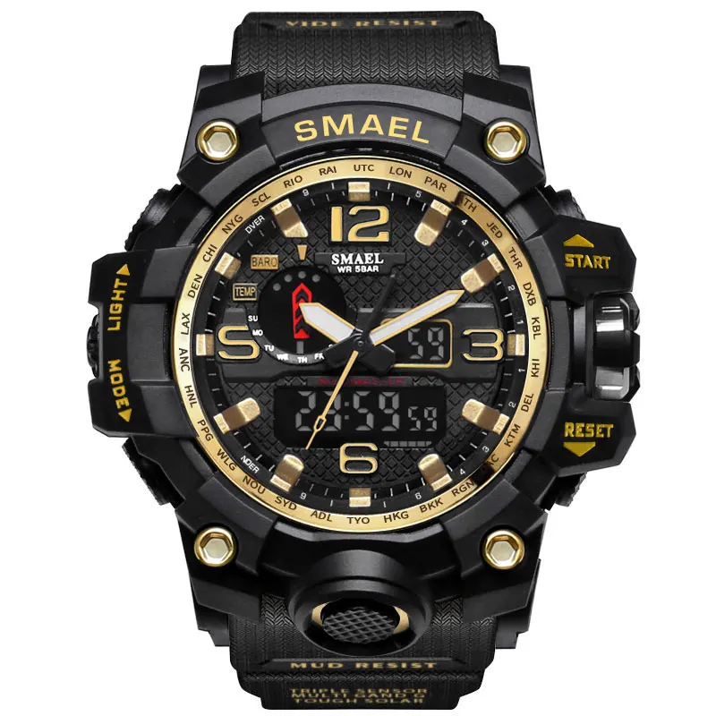 Мужские военные часы, наручные часы с водонепроницаемостью до 50 м, светодиодные кварцевые часы, спортивные часы для мужчин, мужские часы модели 1545, спортивные часы для мужчин, часы типа S-Shock - Цвет: Gold