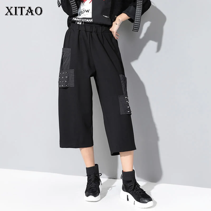 

XITAO Patchwork Pocket Rivet Wide Leg Pants Women Clothes 2019 Flat High Waist Calf Length Trousers Autumn New Fashion ZLL4238