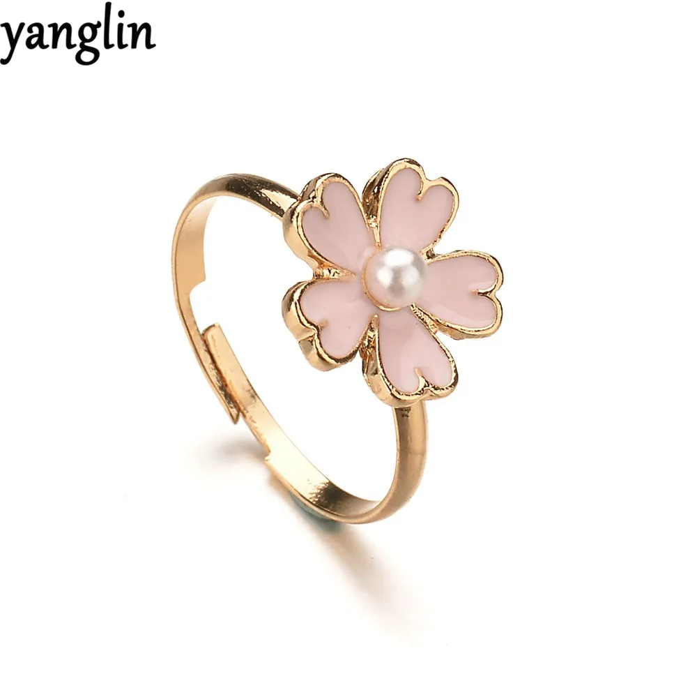 Charm Fashion Women Enamel Flower Rings Simulated Pearl Sweet